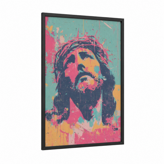 Vibrant Christ framed jesus christ print — black wood frame — magenta and turquoise palette