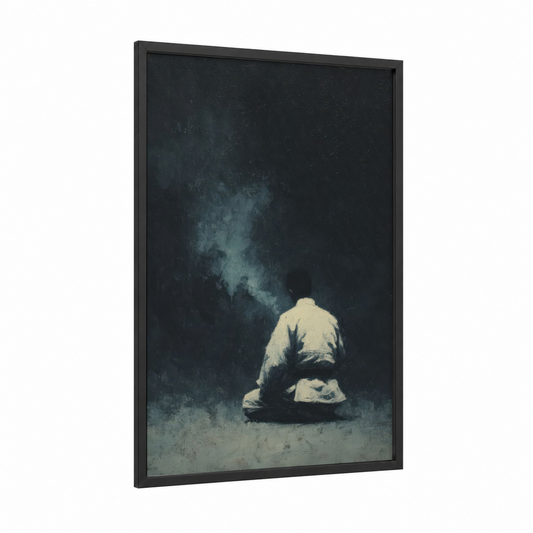 Contemplative Judoka framed art print — black wood frame — black and white and gray palette