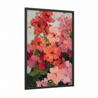 Crimson Geranium Cluster framed art print — black wood frame — salmon pink and red palette