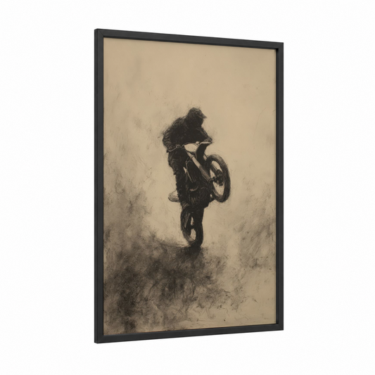 Vintage Wheelie Stunt framed vintage motorcycle print — black wood frame — black and white and beige palette