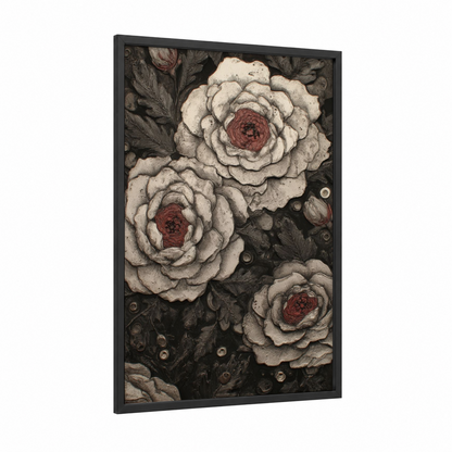 Crimson Garden Roses framed art print — black wood frame — black and white and maroon palette