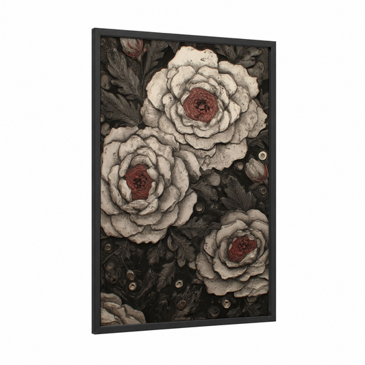 Crimson Garden Roses framed art print — black wood frame — black and white and maroon palette
