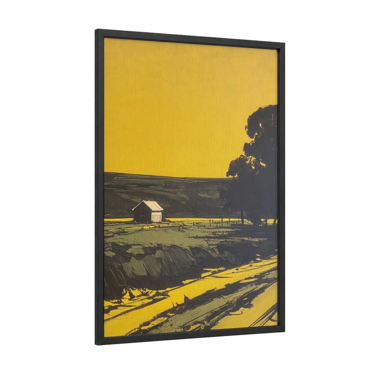 Golden Farm Valley framed various landscapes print — black wood frame — yellow gold and black palette
