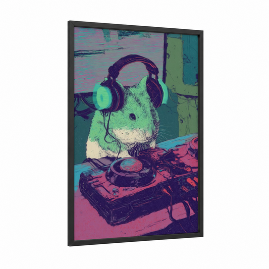 DJ Hamster framed art print — black wood frame — magenta and turquoise palette
