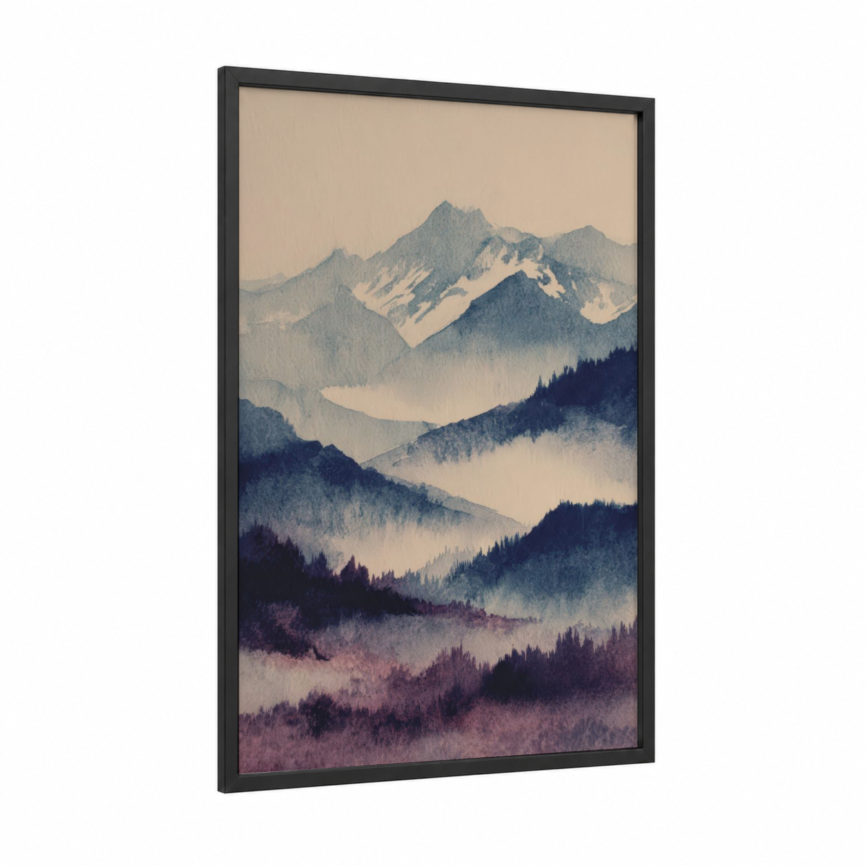 Misty Mountain Peaks framed snowy mountains print — black wood frame — blue and beige palette