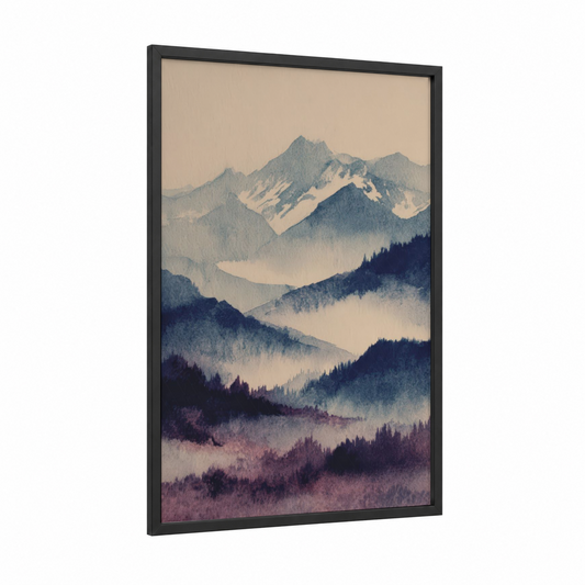 Misty Mountain Peaks framed snowy mountains print — black wood frame — blue and beige palette
