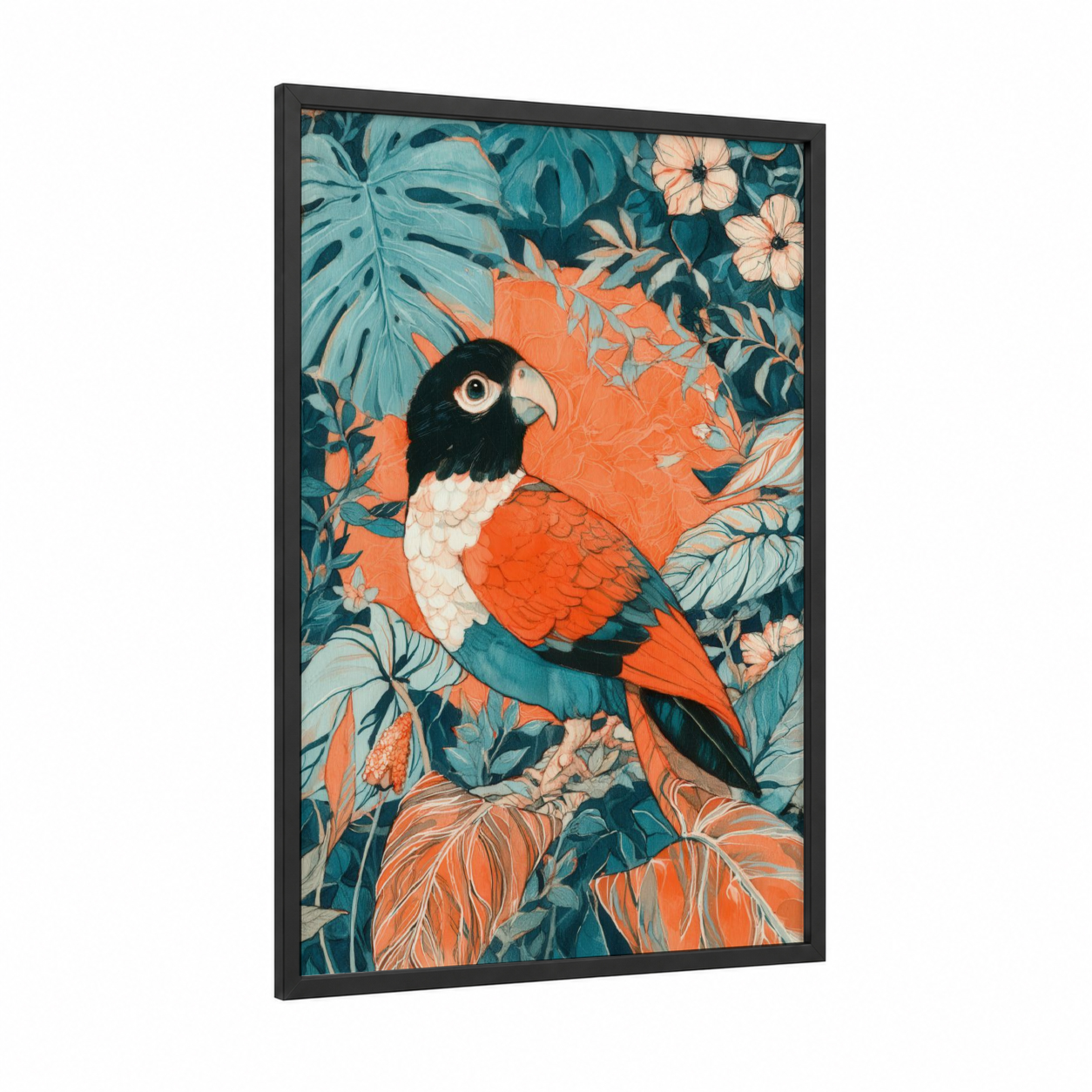 Tropical Kiwi framed art print — black wood frame — teal and orange palette