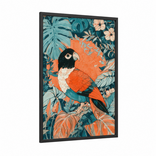 Tropical Kiwi framed art print — black wood frame — teal and orange palette