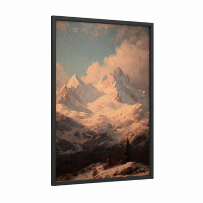 Golden Peak Sunrise framed snowy mountains print — black wood frame — peach and sage green palette