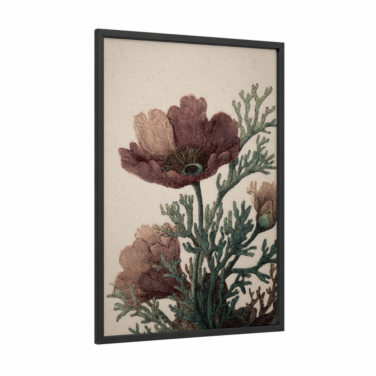 Sea Anemone framed art print — black wood frame — sage green palette