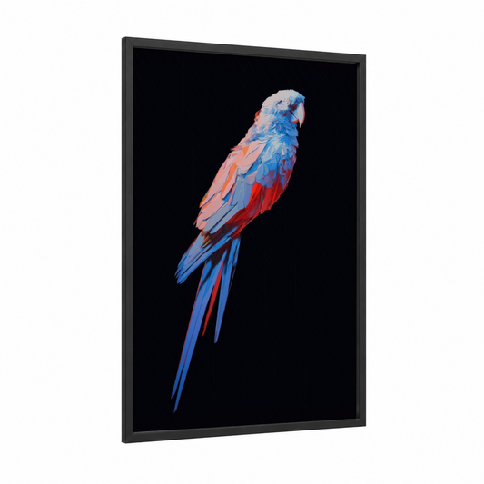 Crimson Macaw Profile framed art print — black wood frame — red and blue palette