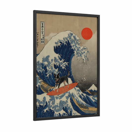 Surfing Shepherd framed shepherd dogs and collies print — black wood frame — blue and red palette