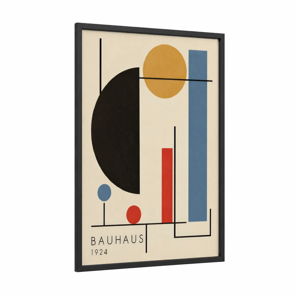 Bauhaus Geometric Abstract Wall Art framed abstract geometric print — black wood frame — blue and gold palette