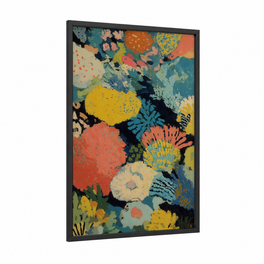 Vibrant Coral Garden framed art print — black wood frame — orange and teal palette