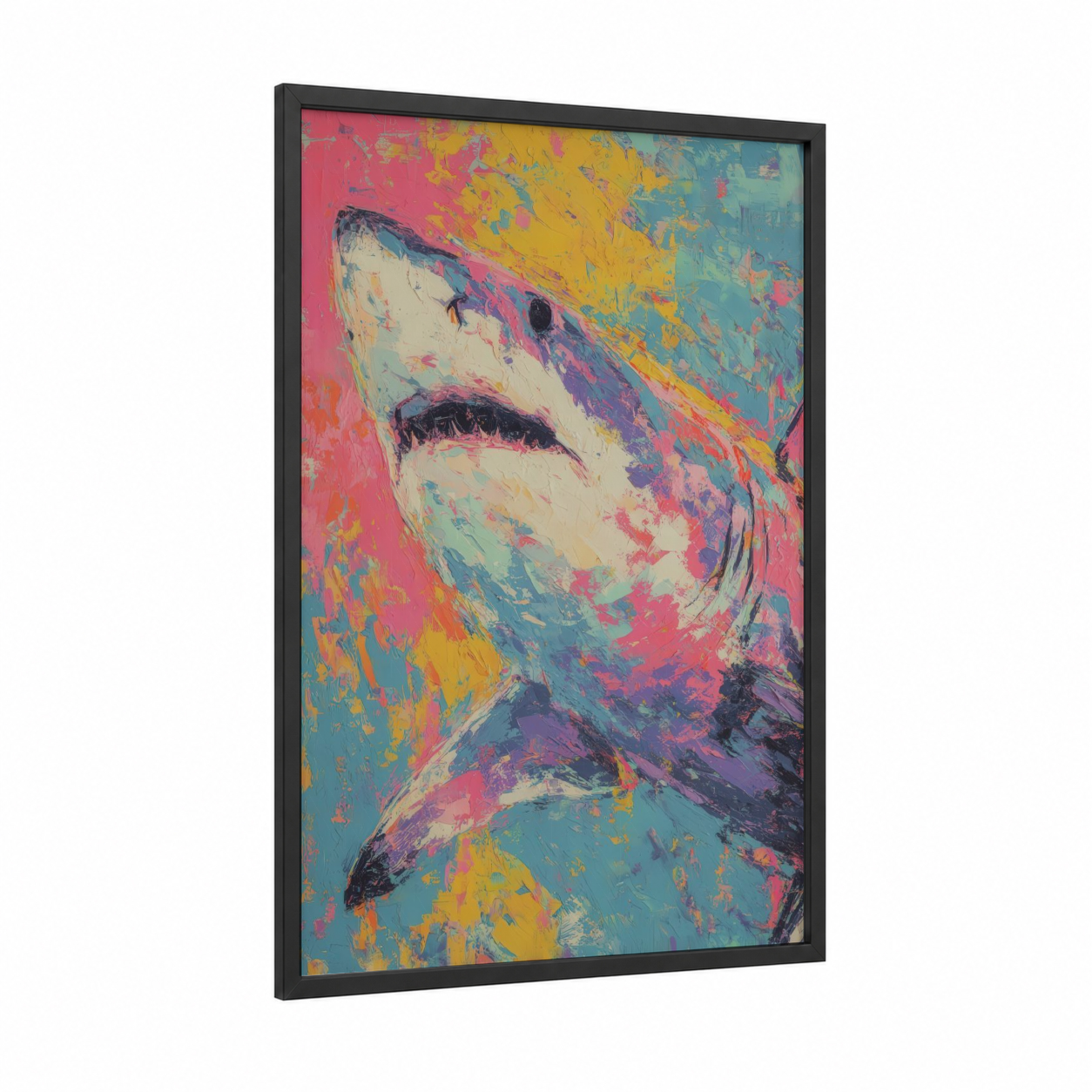 Vibrant Bull Shark framed art print — black wood frame — magenta and yellow gold palette