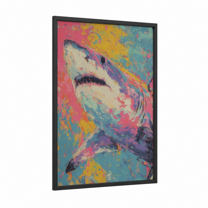 Vibrant Bull Shark framed art print — black wood frame — magenta and yellow gold palette