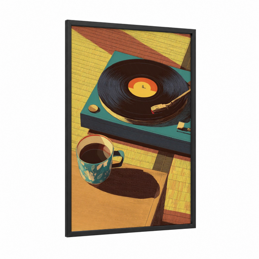 Retro Vinyl Vibes framed vinyl records print — black wood frame — yellow gold and orange palette