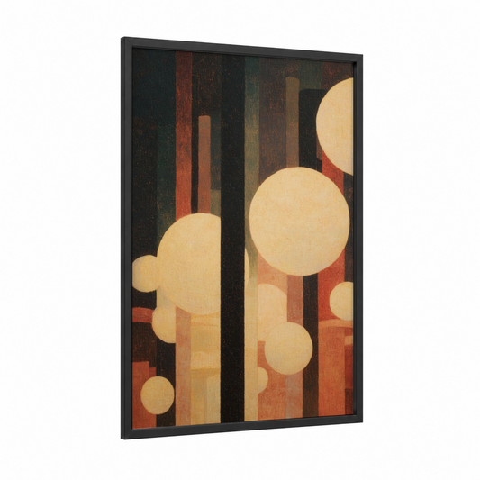 Urban Bridge Lights framed bridges print — black wood frame — gold and black and red palette