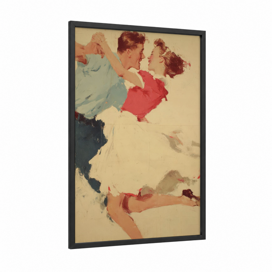 Joyful Swing Dancers framed art print — black wood frame — cream and salmon pink palette
