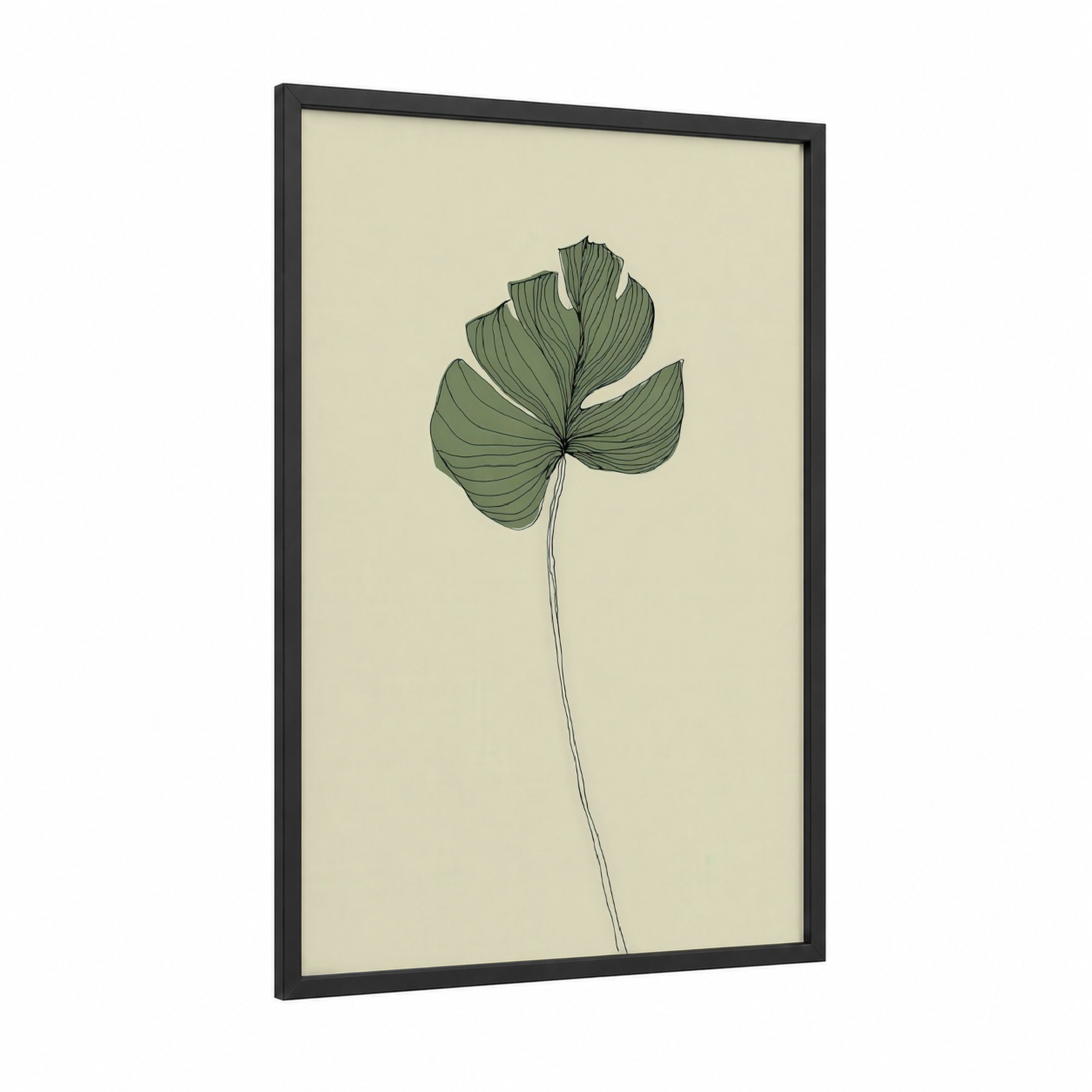 Minimalist Leaf Study framed art print — black wood frame — sage green and cream palette