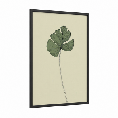 Minimalist Leaf Study framed art print — black wood frame — sage green and cream palette