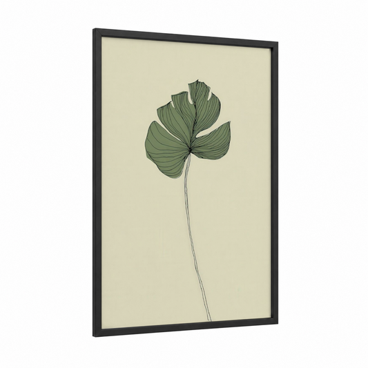 Minimalist Leaf Study framed art print — black wood frame — sage green and cream palette