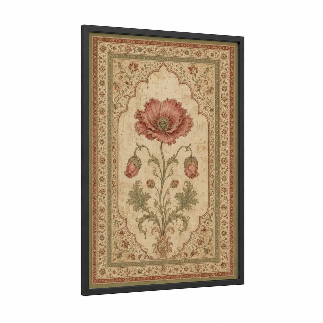 Persian Poppy Floral Ornate Wall Art framed poppies print — black wood frame — maroon and beige palette
