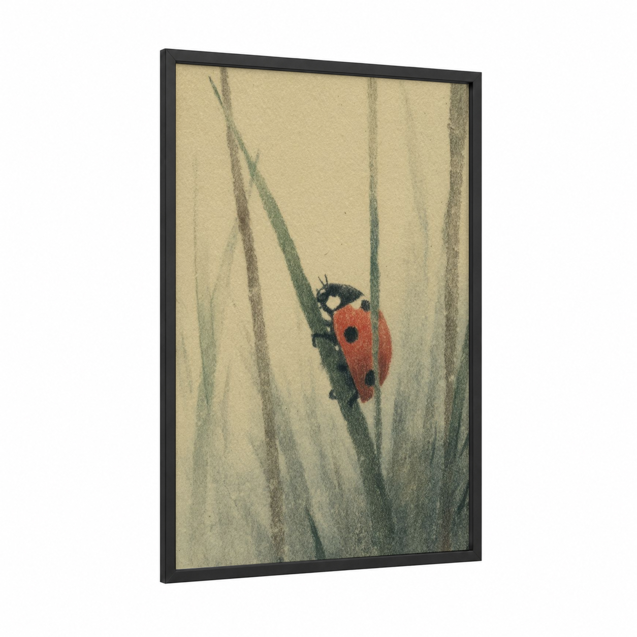 Crimson Ladybug framed art print — black wood frame — cream and sage green palette