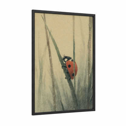 Crimson Ladybug framed art print — black wood frame — cream and sage green palette