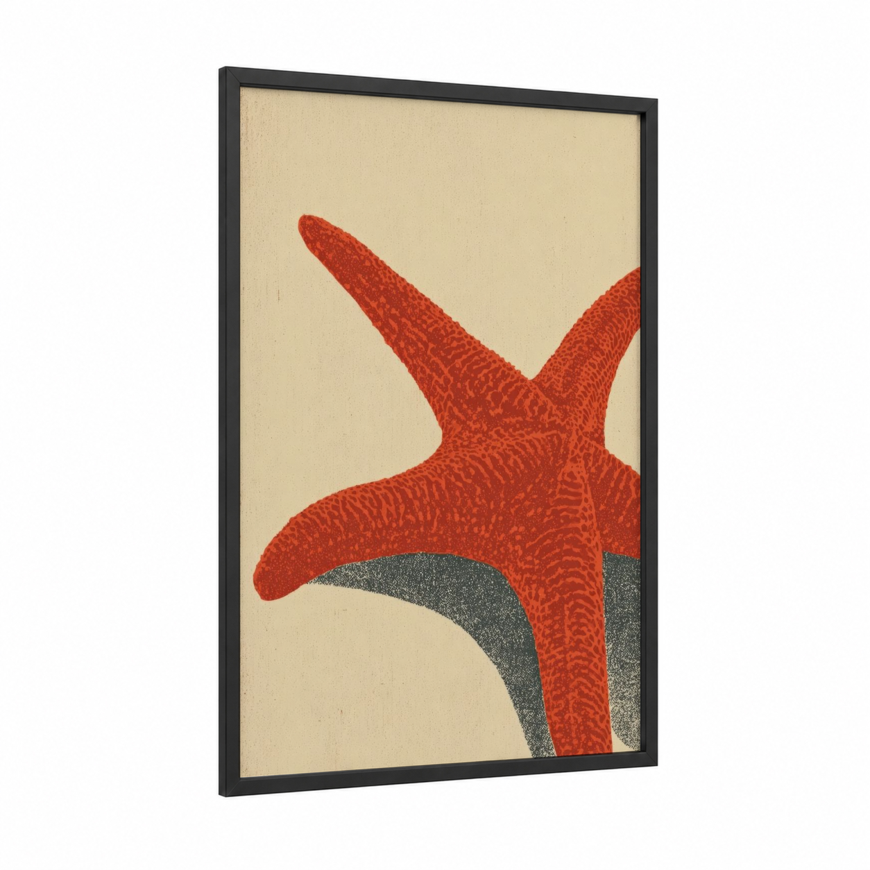 Red Starfish framed art print — black wood frame — red and cream palette