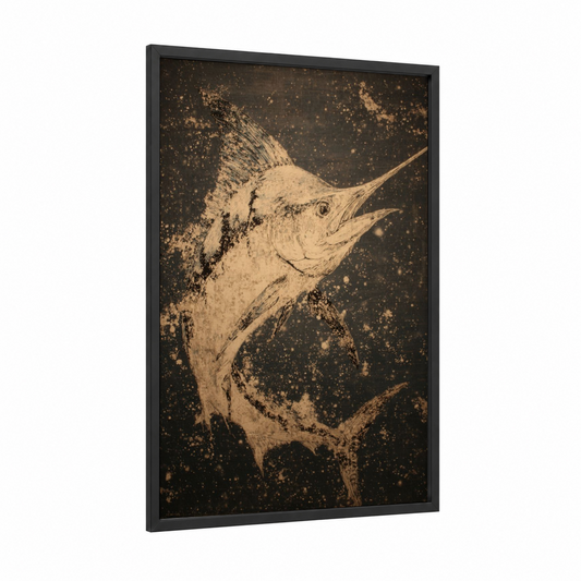 Golden Marlin framed art print — black wood frame — gold and black palette