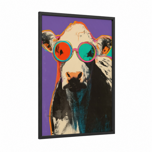 Groovy Hereford framed hereford cow print — black wood frame — purple and orange palette