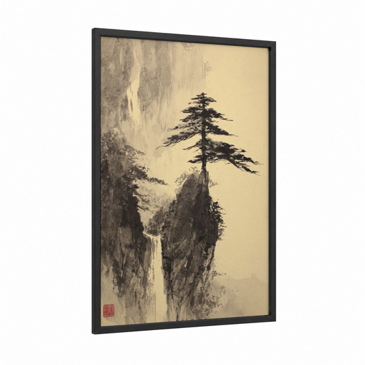 Solitary Cedar framed cedar tree print — black wood frame — black and white and cream palette
