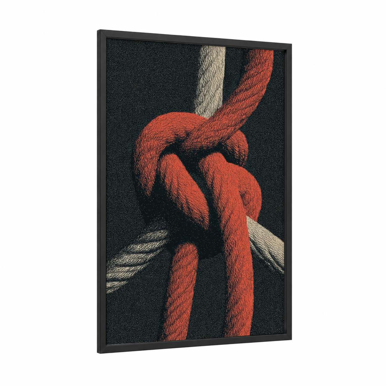 Crimson Rope Knot framed rope knots print — black wood frame — red and black and white palette