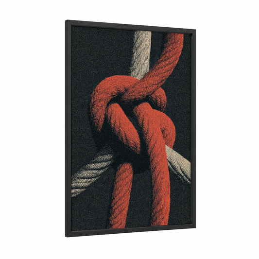 Crimson Rope Knot framed rope knots print — black wood frame — red and black and white palette