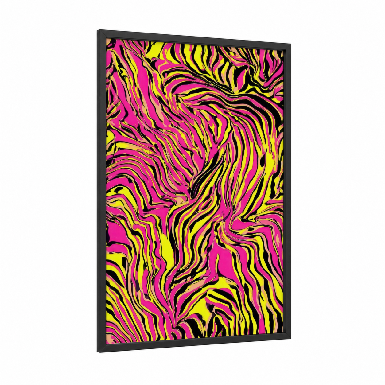 Neon Zebra Stripes framed art print — black wood frame — magenta and yellow palette