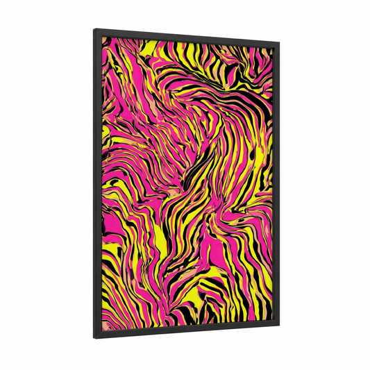 Neon Zebra Stripes framed art print — black wood frame — magenta and yellow palette