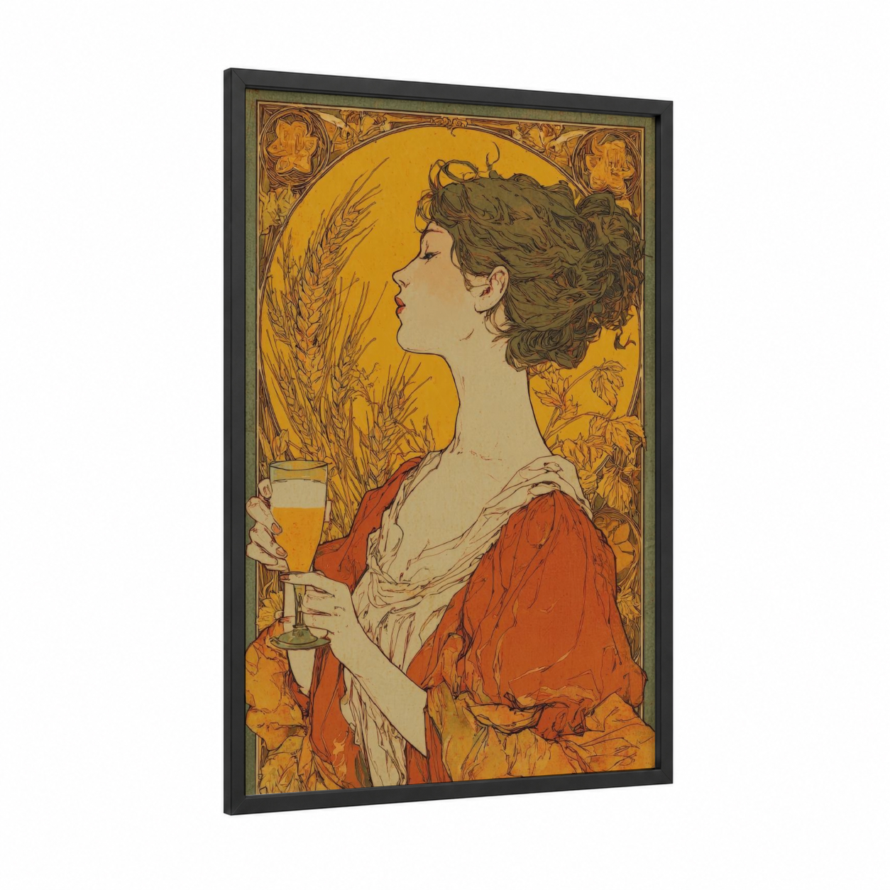 Golden Hour Brew framed beer print — black wood frame — gold palette