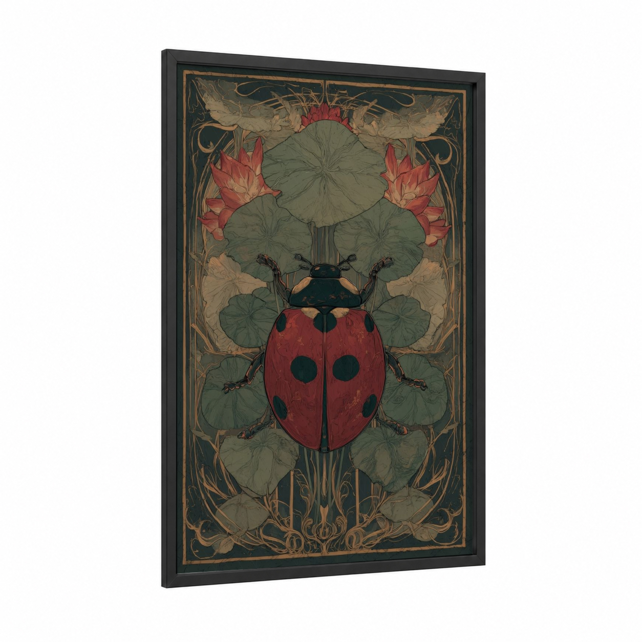 Garden Ladybug framed art print — black wood frame — red and sage green palette