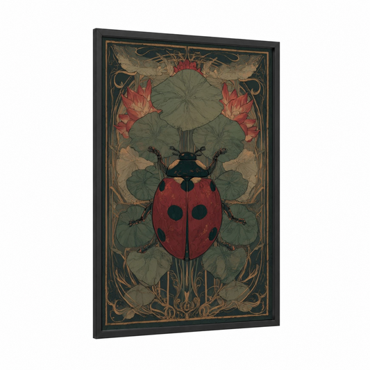 Garden Ladybug framed art print — black wood frame — red and sage green palette