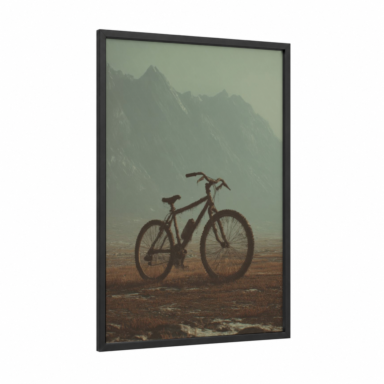 Mountain Bicycle framed urban bicycle print — black wood frame — sage green and gray palette