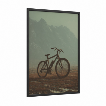 Mountain Bicycle framed urban bicycle print — black wood frame — sage green and gray palette