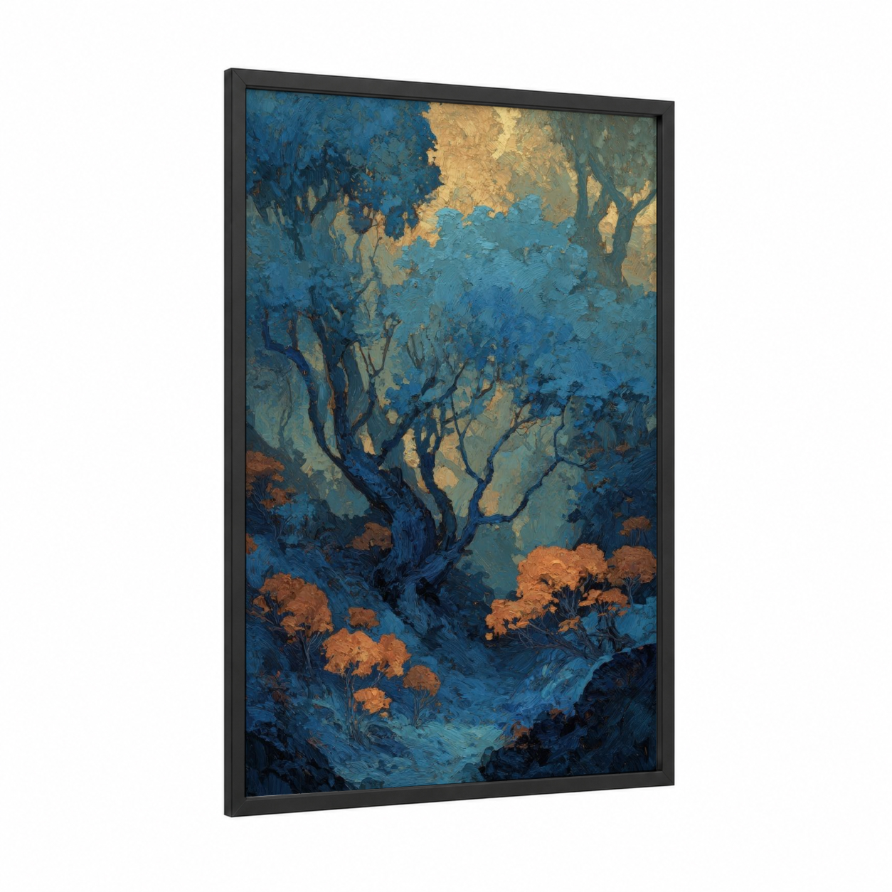 Twilight Forest Grove framed forest trees print — black wood frame — blue and gold and white palette
