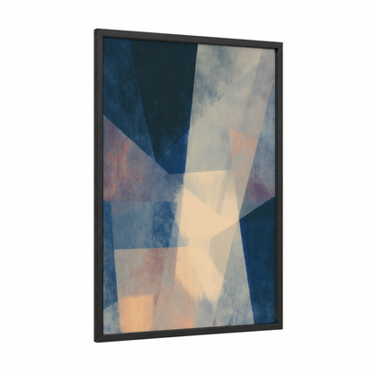 Ethereal Geometry framed abstract geometric print — black wood frame — blue and white and cream palette