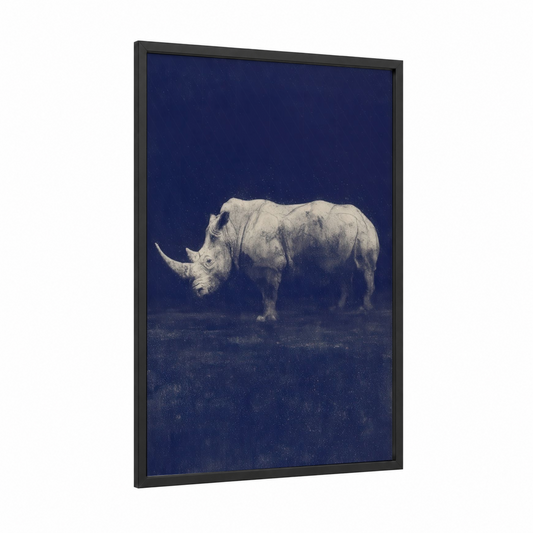 Midnight Rhino framed art print — black wood frame — black and white and royal blue palette