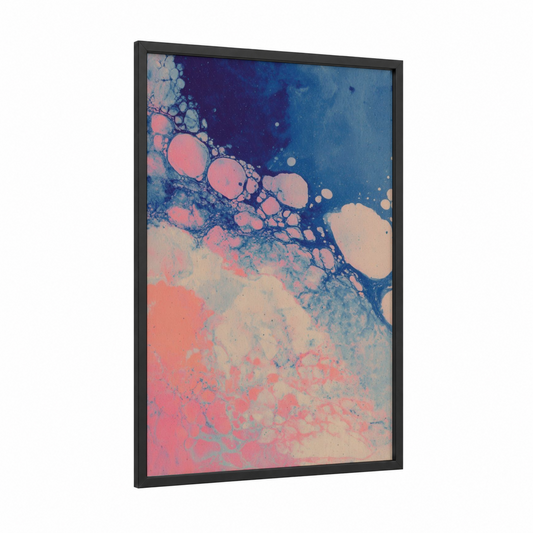 Coral Dreamscape framed art print — black wood frame — salmon pink and blue palette