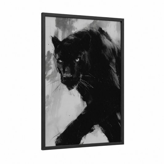 Shadowed Panther framed art print — black wood frame — black and white palette