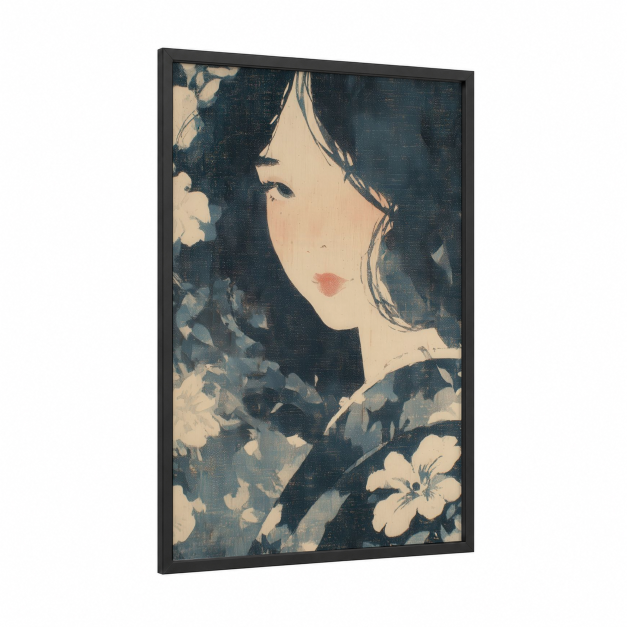 Serene Florals framed fashion illustration print — black wood frame — blue and cream palette