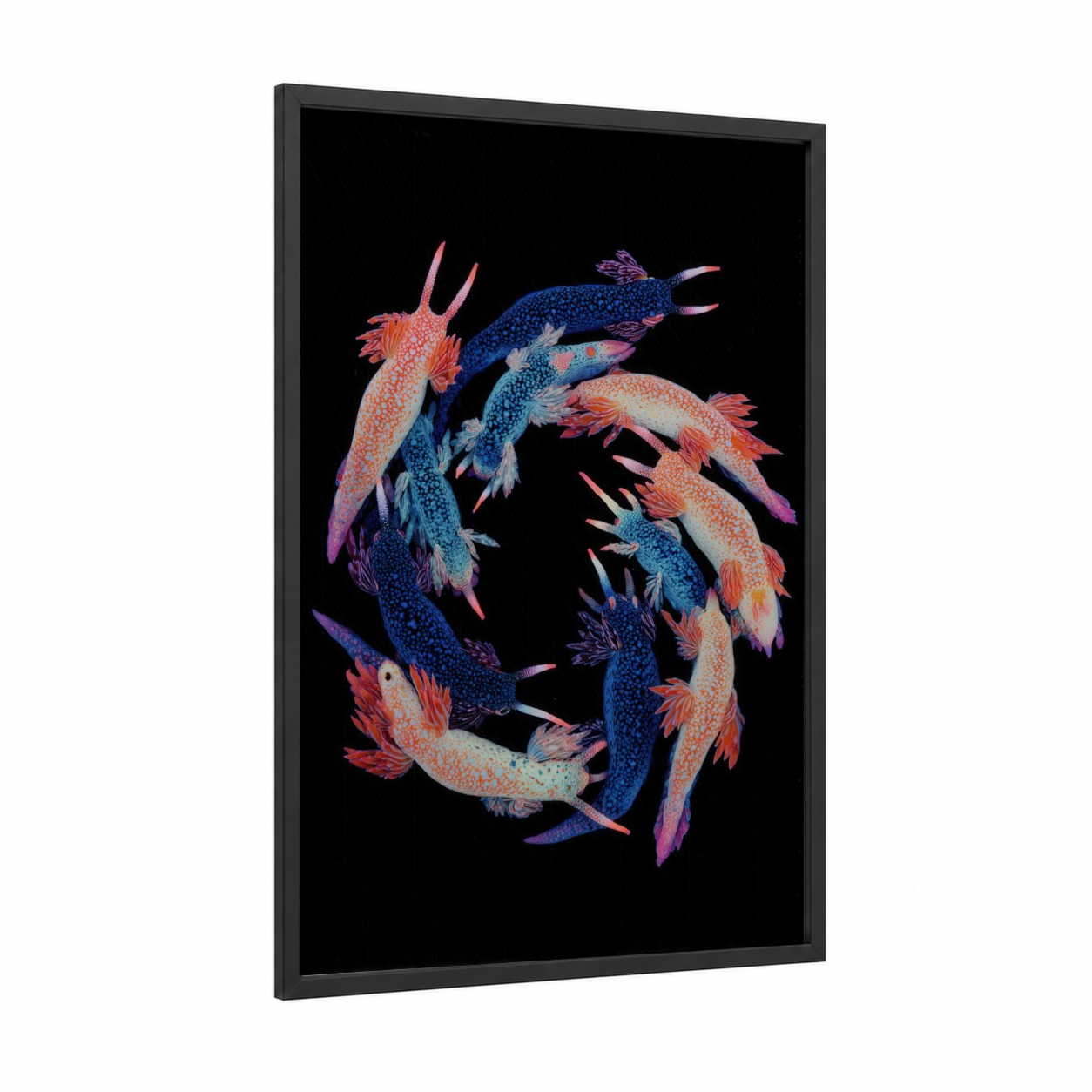 Chromatic Nudibranch Circle framed art print — black wood frame — blue and pink palette