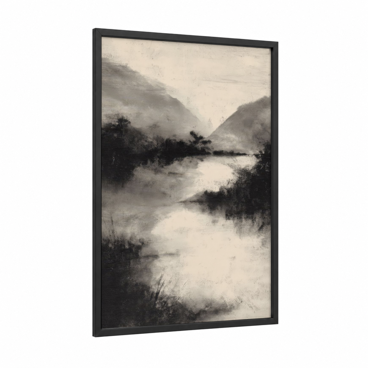 Misty River Valley framed rivers print — black wood frame — black and white and gray palette